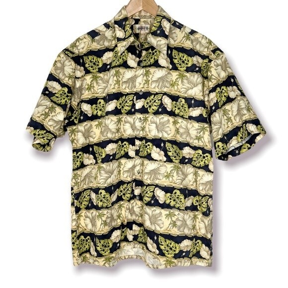 70s Vintage Campia Moda Hawaiian Shirt Blue Cream Print Men's Medium Cotton Top - Picture 1 of 4